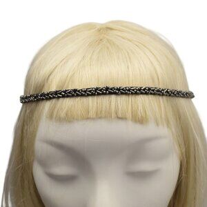 Beaded Elegance Black Beaded Headband Headwrap with Elastic